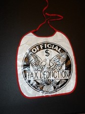 Vintage Plastic Baby Bib OFFICIAL TAX DEDUCTION Black White Red