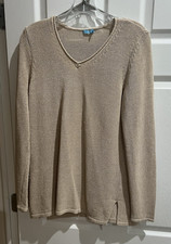 J McLaughlin Open Knit Sweater Womens Medium V Neck Long Sleeve Pullover Tan