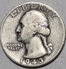 1943S Washington Silver Quarter. Very Good Condition.