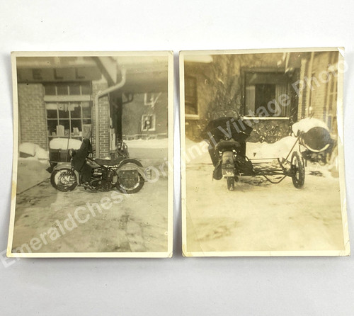 1937 Harley Davidson Flathead Motorcycle w Trailer Snow Photos Lot of 2