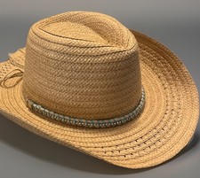 Boho Western Straw Cowgirl Hat Turquoise Beaded Band Rodeo Festival Beach