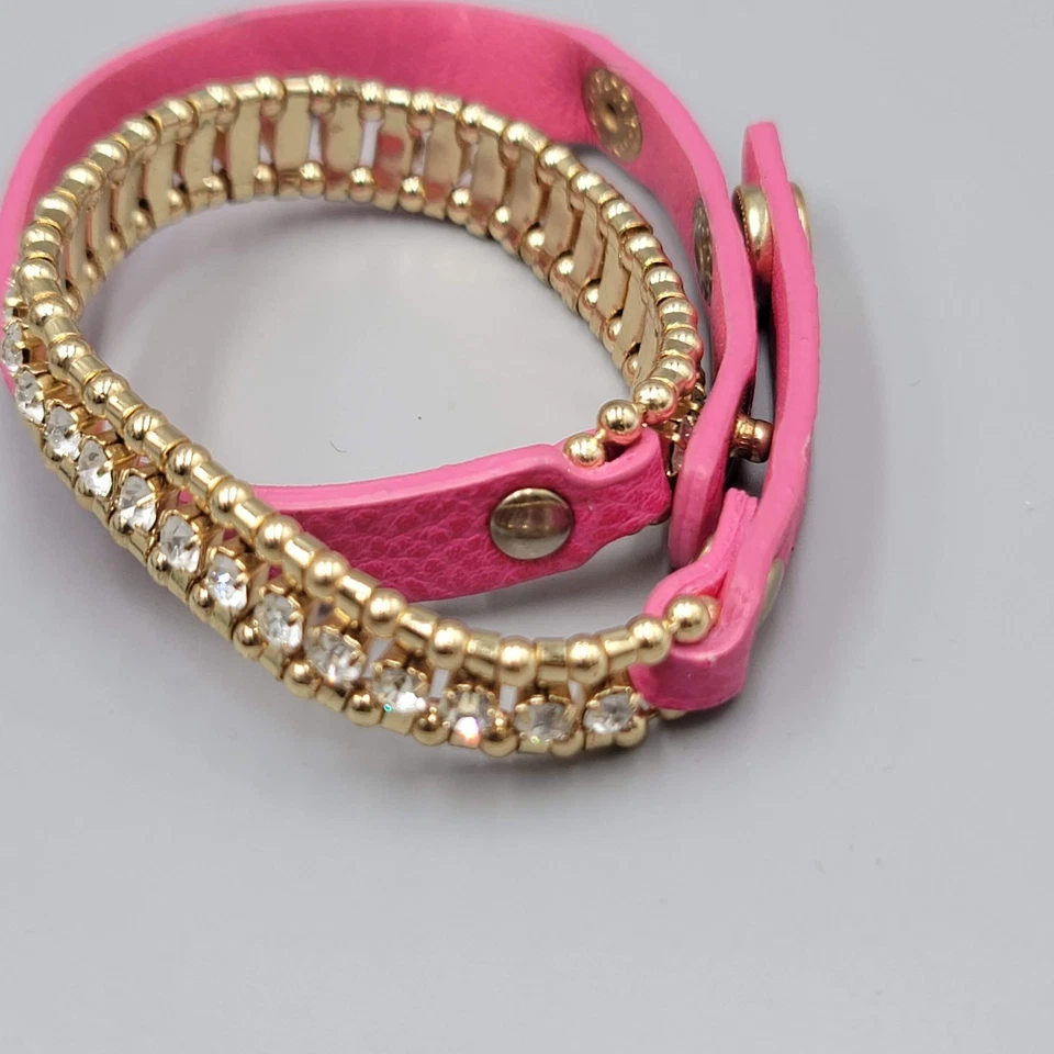 Pink Leather Crystal Wrap Bracelet Gold tone Snap Closure - Image 2 of 4