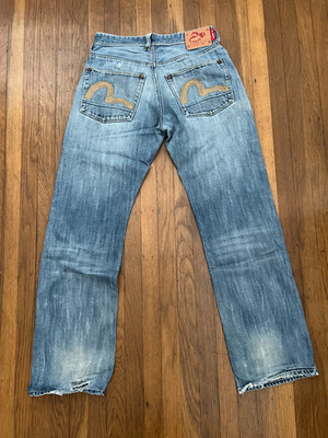 RARE Vintage 2001 OG Evisu Genes Straight Leg Jeans Distressed 34 Fits like 32