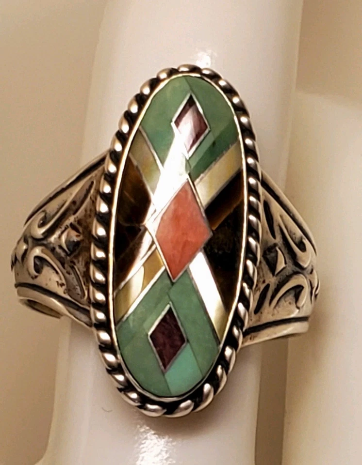 Anillo Carolyn Pollack, estilo suroeste, plata de ley, incrustación de mosaico, talla 9 Foto 2 de 4