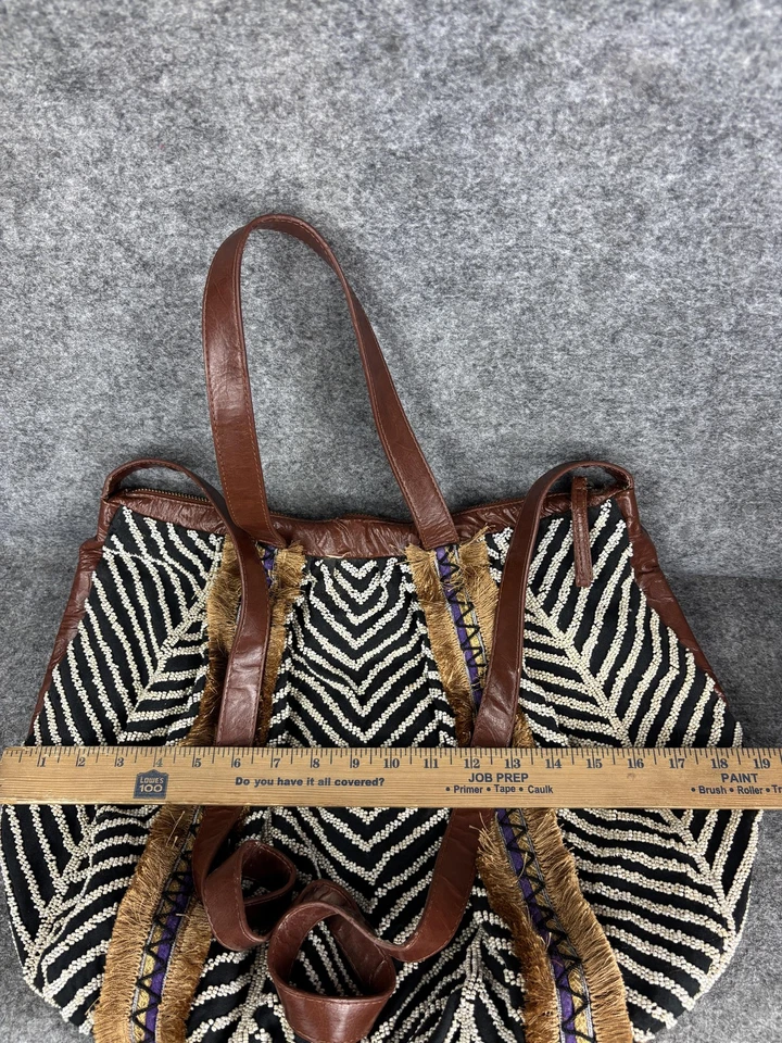 Anthropologie Beaded Shoulder Bag Womens Brown Leather Strap Zebra Boho Fringe - Image 3 of 4