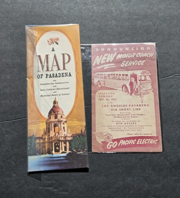 #ad 1951 Pasadena California Lot Map Brochure Pacific Electric Bus Service Schedul $20.00