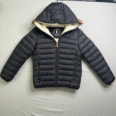 Save The Duck Kids Size 10 Black Puffer Fleece Jacket Hooded Vegan Down Coat