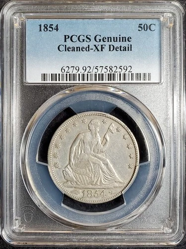 1854 Seated Liberty Silver Half Dollar graded Genuine XF Detail by PCGS