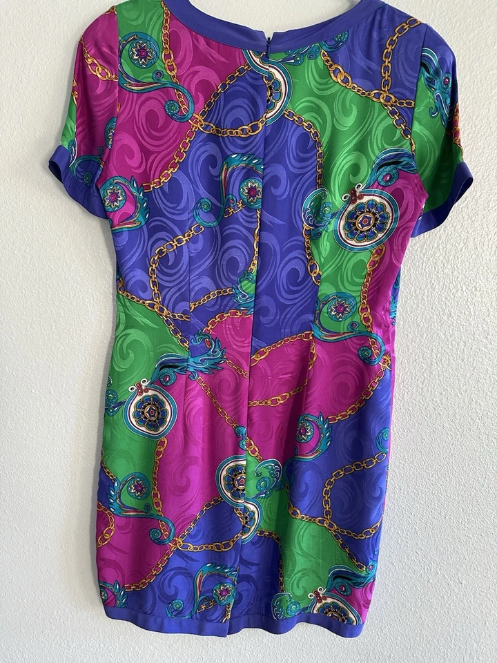VTG Adrianna Papell Silk Dress 6 Baroque Chain Print 90s Glam Jewel Tone - Image 4 of 4