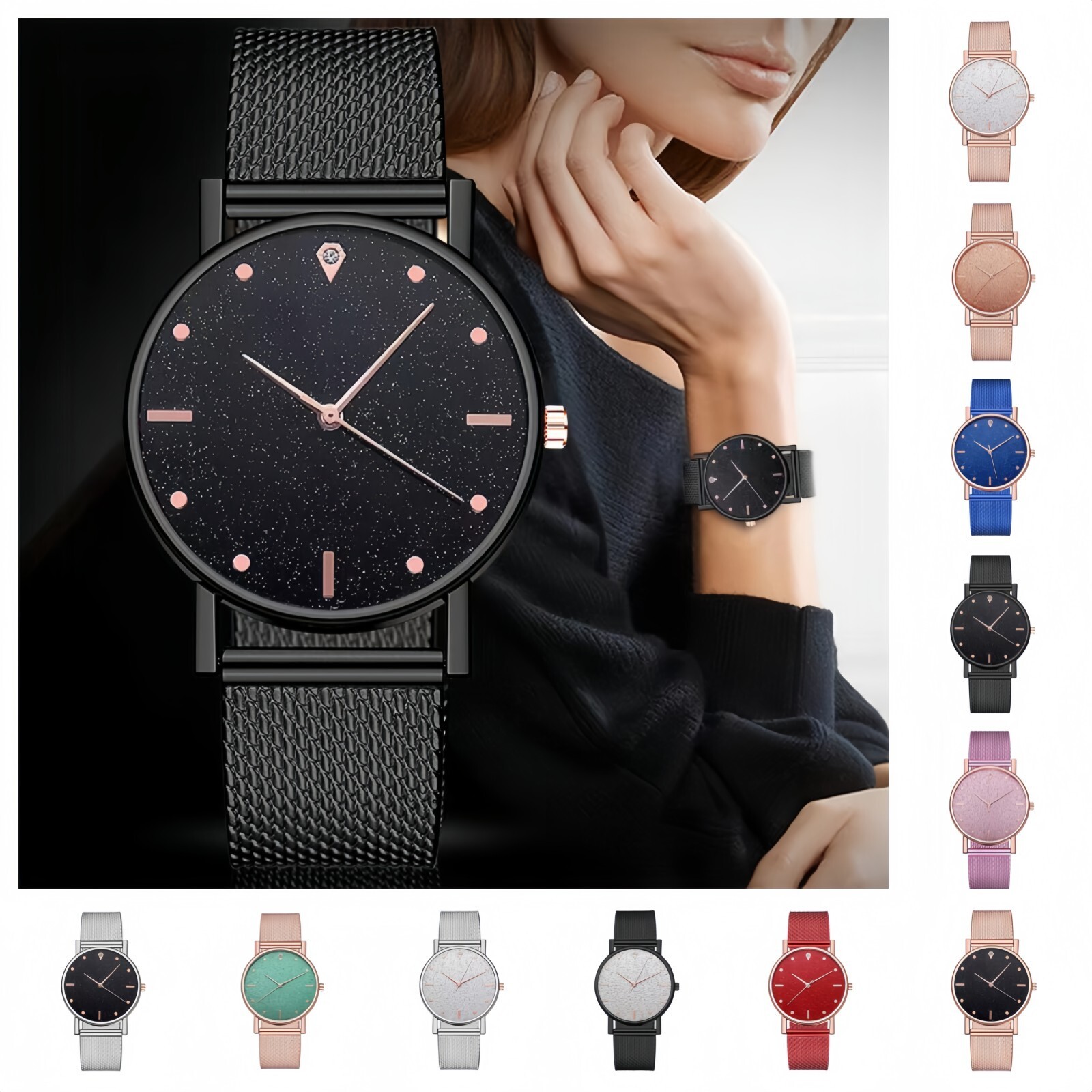 Women’s Large Face,Starry Sky Crystal Sand Dial, Elegant Mesh Strap, Dress Watch