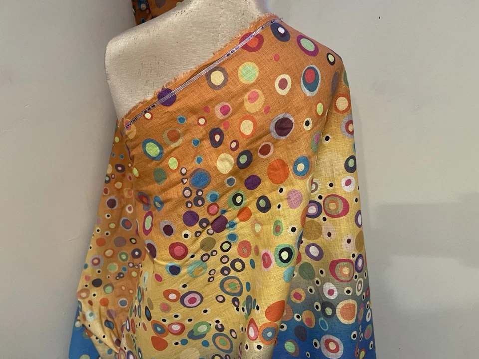 Tecido de linho estampado multicolorido amarelo pêssego azul 56” largura vendido por jarda - Imagem 2 de 4