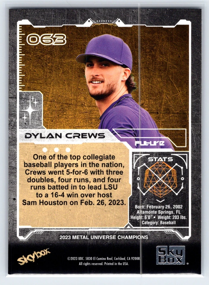 2023 Skybox Metal Universe Champions Dylan Crews #063 Rookie RC Nationals - Image 2 of 2
