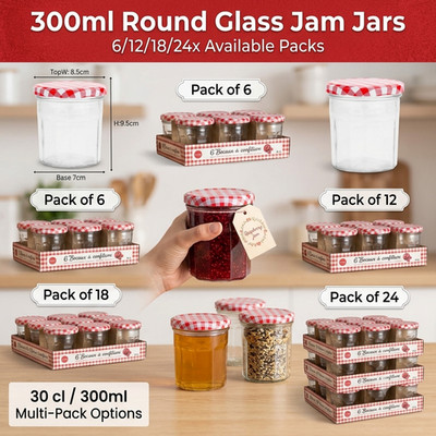 300ml Runde Glas Marmeladen Gläser Deckel Klar Einkochen Chutney Honigtöpfe 6/12/18/24x