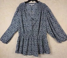 Collective Concepts Womens Top 1X Puff Sleeve Blue Print Office Career