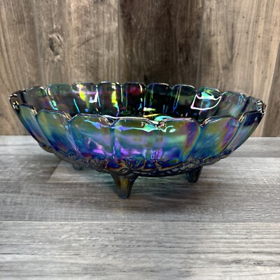 Indiana Glass Carnival Glass Blue Iridescent Footed Oval Center
