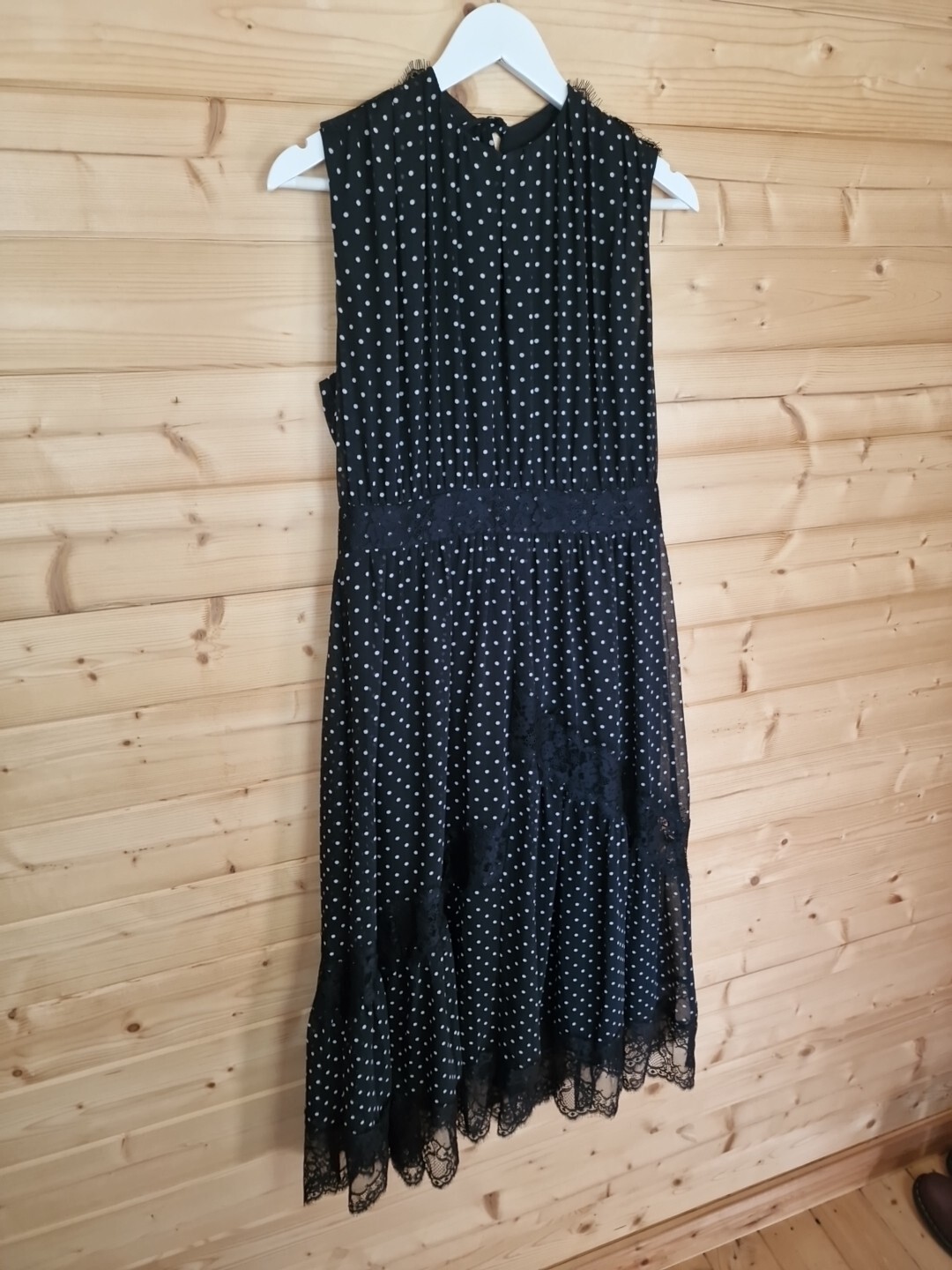 Whistles Dress UK 14 Black Lace Sleeveless Midi Polka Dot A-Line