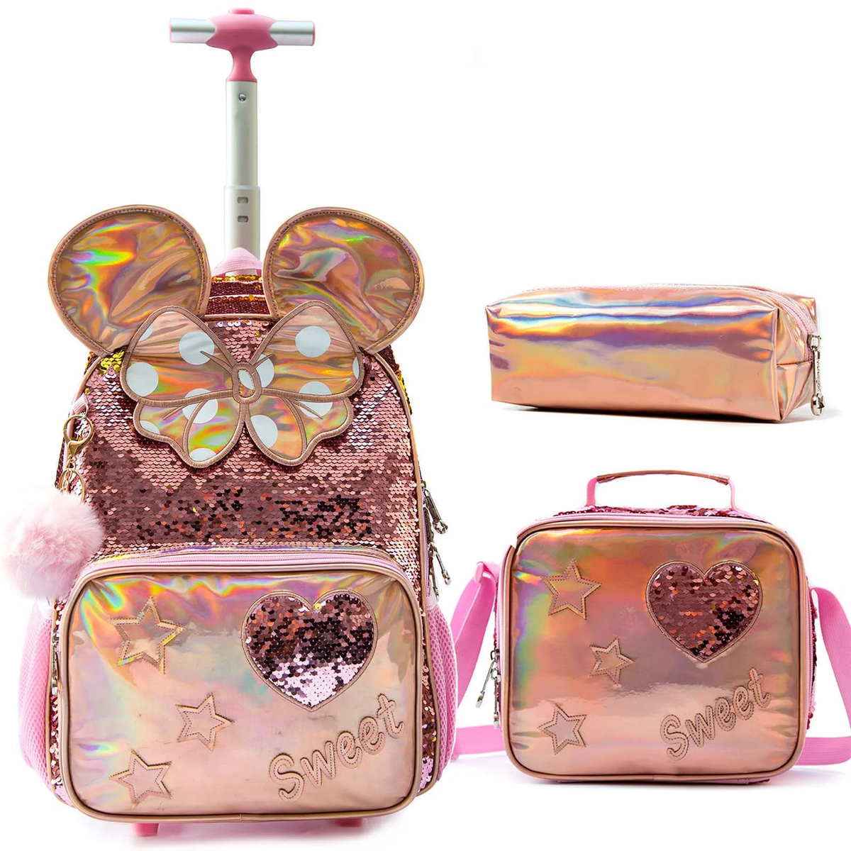 Mochila Escolar De Minnie Mouse Con Ruedas Lonchera y Estuche Rose