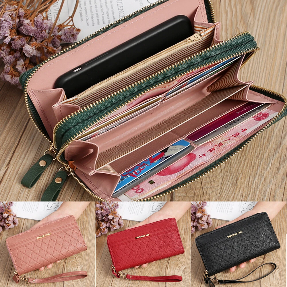 Women s Leather RFID Blocking Zip Around Clutch Wallet with Wristlet Strap Bag