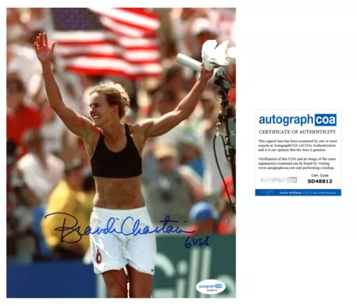 BRANDI CHASTAIN SIGNED USA WOMENS SOCCER WORLD CUP PLAYER 8x10 PHOTO - ACOA COA