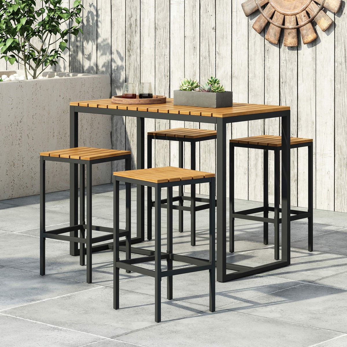 Arath Outdoor Modern Industrial Seater Acacia Wood Bar Set