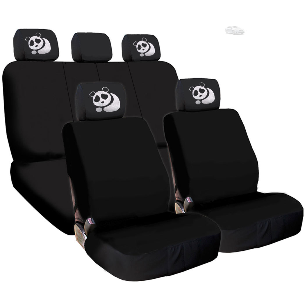 Toyota Black Flat Cloth Seat Covers with Panda Headrest Covers for Cars & Trucks