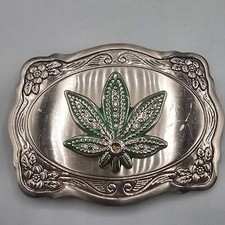 Marijuana Leaf Belt Buckle Mary Jane Pot Silver Tone Green Enamel Oversized