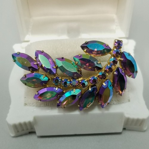 Vintage Iridescent Blue Purple Rhinestone Leaf Brooch Glass Marquise Prong Set - Picture 6 of 7