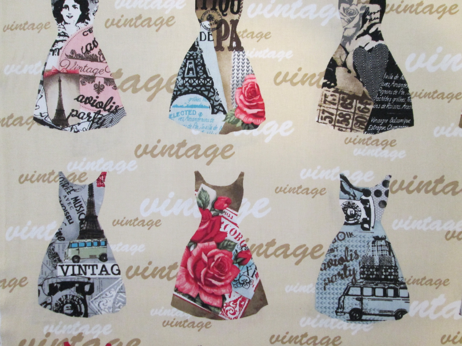 VINTAGE PARIS DRESS FRENCH WRITNG WOMEN ROSES CREAM COTTON FABRIC FQ