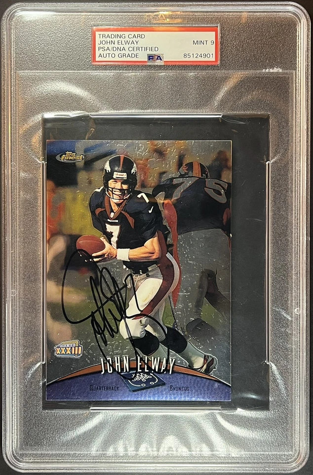 John Elway 1998 firmado Topps Finest Jumbos #1 PSA 9 autografiado Broncos Foto 3 de 4