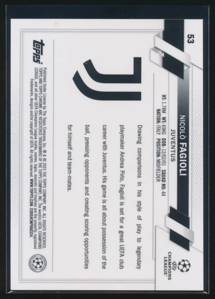 2022-23 Topps Chrome Sapphire UEFA Nicolo Fagioli - Rookie RC #53 Juventes Italy - Image 2 of 2