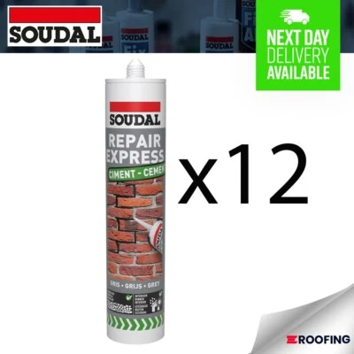 12 x Soudal Repair Express Cement Mortar Crack Filler Cartridge - GREY, 290ml