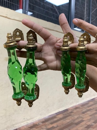 Antique Style Big & Small Crystal/Cut Green Glass Brass Door Handle Collectible - Picture 12 of 12