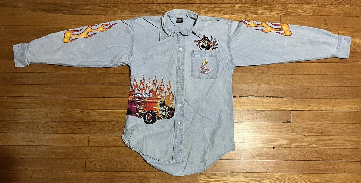 VINTAGE Looney Tunes Shirt Womens Medium Blue Denim Custom Painted Hot Rod 90s