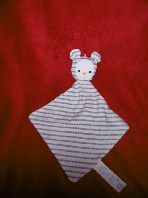 Doudou plat Obaibi Okaidi ours blanc rayure bleu marine neuf