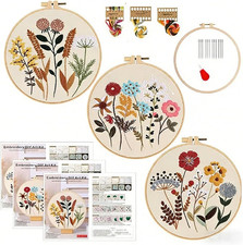 Embroidery Kit for Adult Beginners, 3-Pack Pre-Stamped Flower Patterns Practice