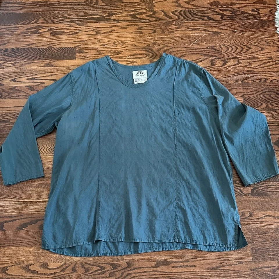 Camisa blusa top de seda texturizada azul gris azulado lino para mujer talla 1X Foto 2 de 4