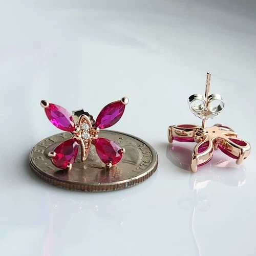 GENUINE 925 Sterling Silver 3.5x6mm Ruby 5/8'' Earrings Rose Gold Plated - Picture 2 of 3