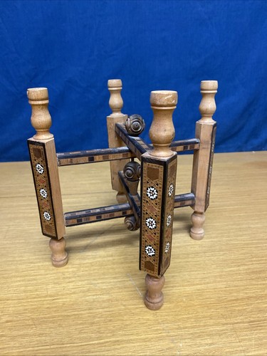 Mid-Century Moroccan Mosaic Carved 4-Legged Wood Folding Table Stand w/Inlay