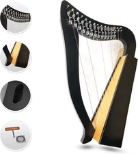 12 Strings Black Polished Rosewood Harp with Free Strings & Carrying bag