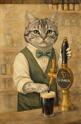 Guinness Cat Bartender Print Vintage Style Pub 12x8in Metal Sign Poster Irish