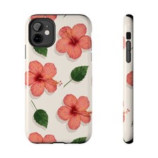 Coral Hibiscus Pattern Tough Phone Case | Floral Tropical Leaves