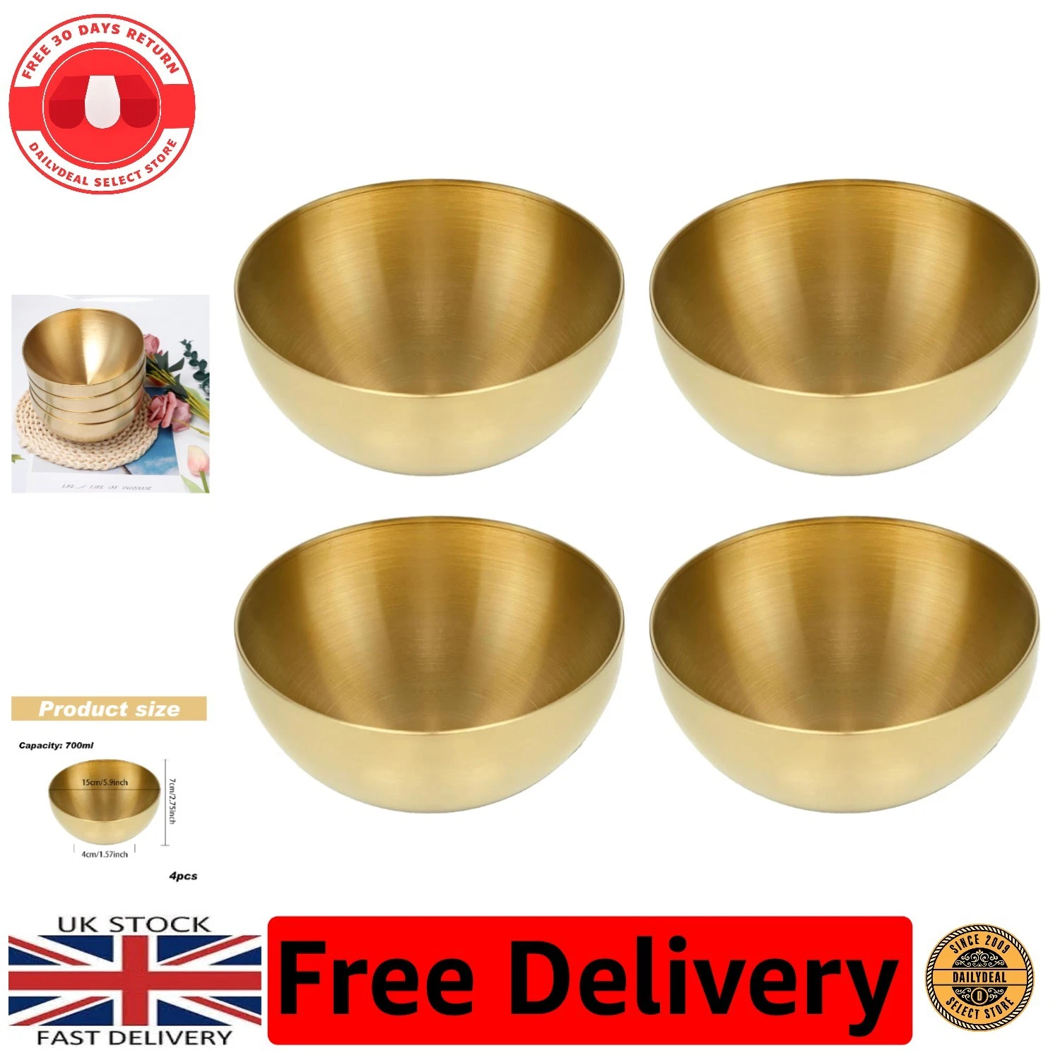 Luxury 15 cm Gold Mixing Bowls - Stackable Stainless Steel Serving Set of 4