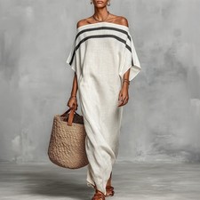 Women Off?Shoulder Striped Maxi Dress Loose Batwing Sleeve Casual Sundress