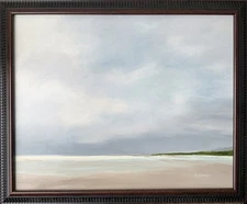 Framed Original Oil Seascape Painting Clouds Coastal Calm Wall Art 19x23 Signed