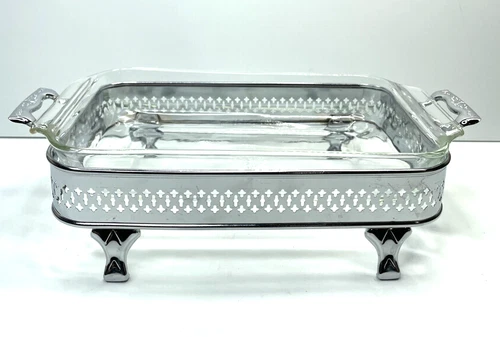 Vintage Anchor Hocking Glass 1 1/2 Qt Casserole Dish With Silver Plated Stand