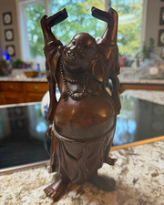 Vintage Hand Carved Wood Laughing Buddha Budai Raised Arms 10  Statue
