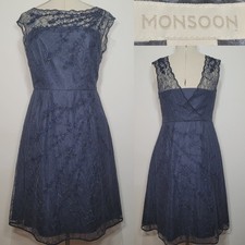 Monsoon Lace Midi Dress Navy Blue 3d Floral Size 14