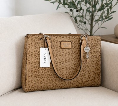 GUESS Monogram Tote Bag Crossbody Convertible Brown Logo Print Charm NWT Large