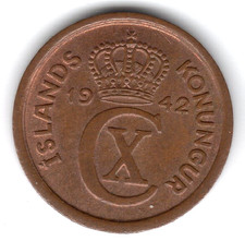 1942 Islands Konungur Iceland 1 Island Eyrir coin