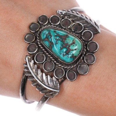 6.5'' Vintage Navajo sterling silver turquoise feather edges cuff bracelet